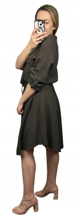 Sukienka koszulowa muślinowa czekoladowa brąz guziki długi rękaw L XL XXL