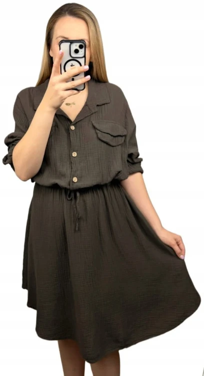 Sukienka koszulowa muślinowa czekoladowa brąz guziki długi rękaw L XL XXL