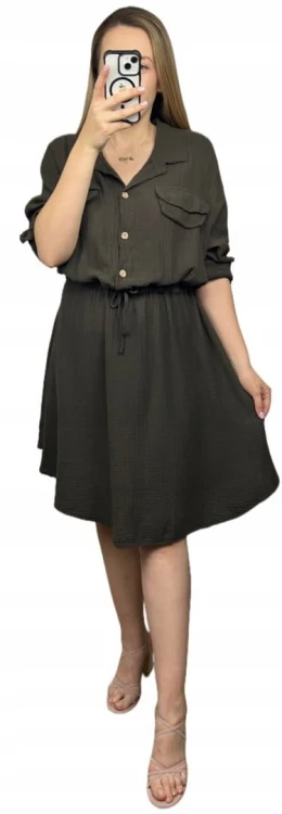 Sukienka koszulowa muślinowa czekoladowa brąz guziki długi rękaw L XL XXL