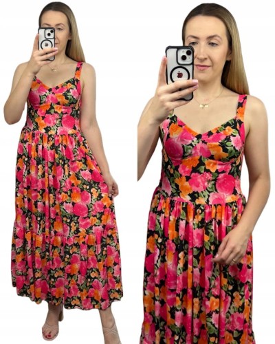 Sukienka maxi długa na ramiączkach gorsetowa góra kwiaty wiskoza pomarańcz