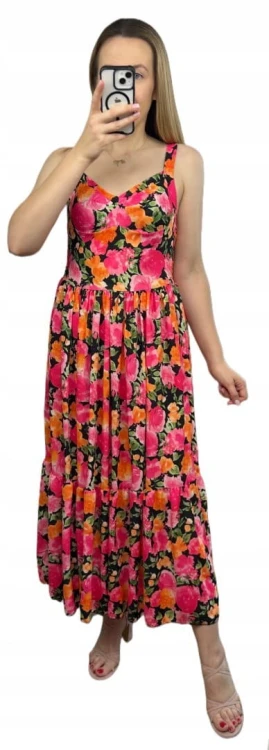 Sukienka maxi długa na ramiączkach gorsetowa góra kwiaty wiskoza pomarańcz