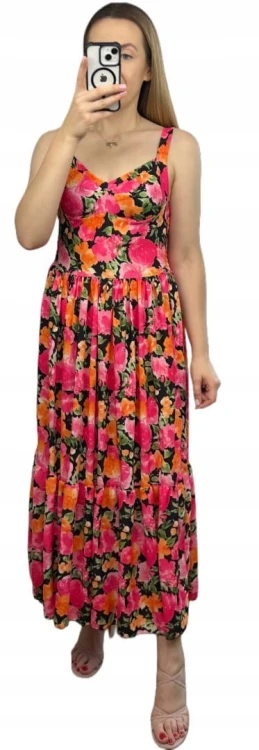 Sukienka maxi długa na ramiączkach gorsetowa góra kwiaty wiskoza pomarańcz