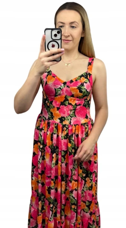 Sukienka maxi długa na ramiączkach gorsetowa góra kwiaty wiskoza pomarańcz