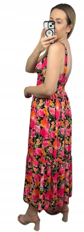 Sukienka maxi długa na ramiączkach gorsetowa góra kwiaty wiskoza pomarańcz