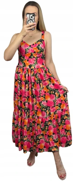 Sukienka maxi długa na ramiączkach gorsetowa góra kwiaty wiskoza pomarańcz