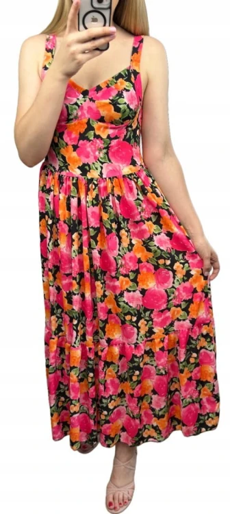 Sukienka maxi długa na ramiączkach gorsetowa góra kwiaty wiskoza pomarańcz