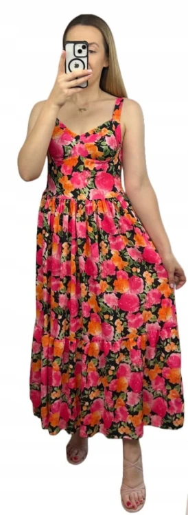 Sukienka maxi długa na ramiączkach gorsetowa góra kwiaty wiskoza pomarańcz