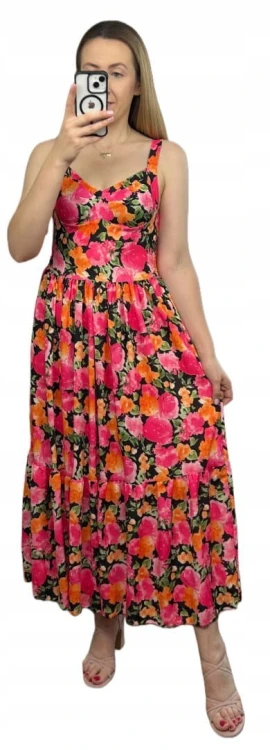 Sukienka maxi długa na ramiączkach gorsetowa góra kwiaty wiskoza pomarańcz