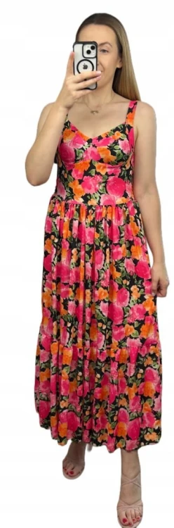 Sukienka maxi długa na ramiączkach gorsetowa góra kwiaty wiskoza pomarańcz
