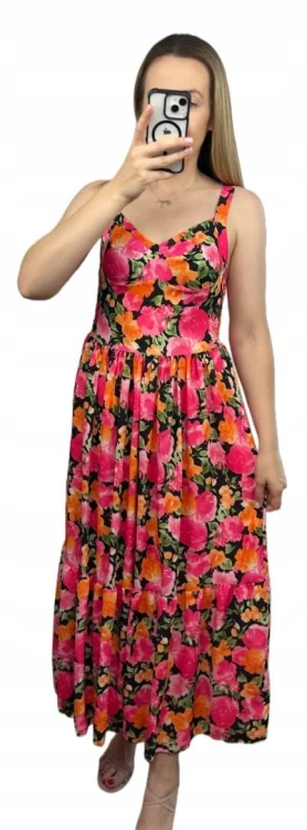 Sukienka maxi długa na ramiączkach gorsetowa góra kwiaty wiskoza pomarańcz