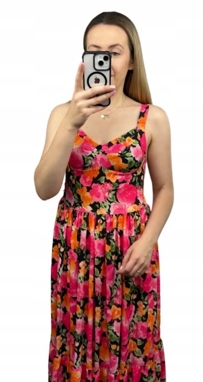 Sukienka maxi długa na ramiączkach gorsetowa góra kwiaty wiskoza pomarańcz
