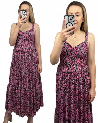 Sukienka maxi długa na ramiączkach gorsetowa góra w kwiaty wiskoza różowa