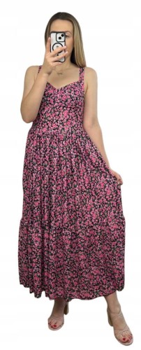 Sukienka maxi długa na ramiączkach gorsetowa góra w kwiaty wiskoza różowa