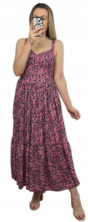 Sukienka maxi długa na ramiączkach gorsetowa góra w kwiaty wiskoza różowa