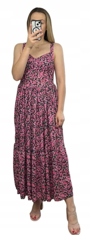Sukienka maxi długa na ramiączkach gorsetowa góra w kwiaty wiskoza różowa