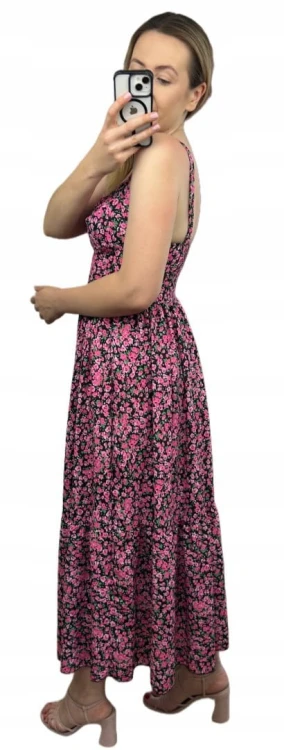 Sukienka maxi długa na ramiączkach gorsetowa góra w kwiaty wiskoza różowa
