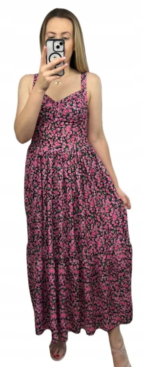 Sukienka maxi długa na ramiączkach gorsetowa góra w kwiaty wiskoza różowa
