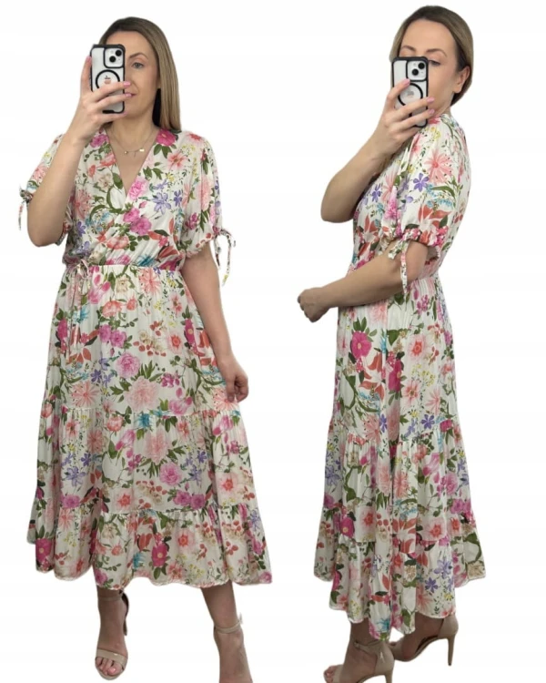 Sukienka maxi długa w kwiaty wiskoza 100% kopertowy dekolt rozkloszowana