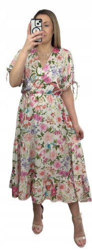 Sukienka maxi długa w kwiaty wiskoza 100% kopertowy dekolt rozkloszowana