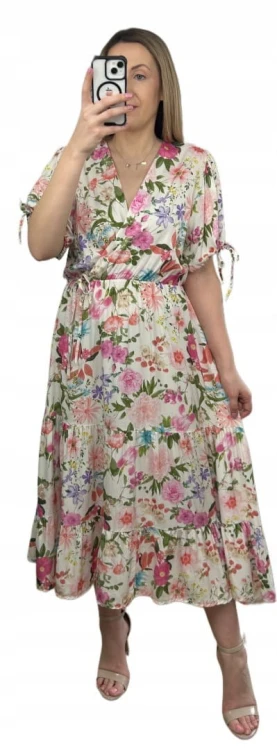 Sukienka maxi długa w kwiaty wiskoza 100% kopertowy dekolt rozkloszowana