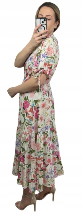 Sukienka maxi długa w kwiaty wiskoza 100% kopertowy dekolt rozkloszowana