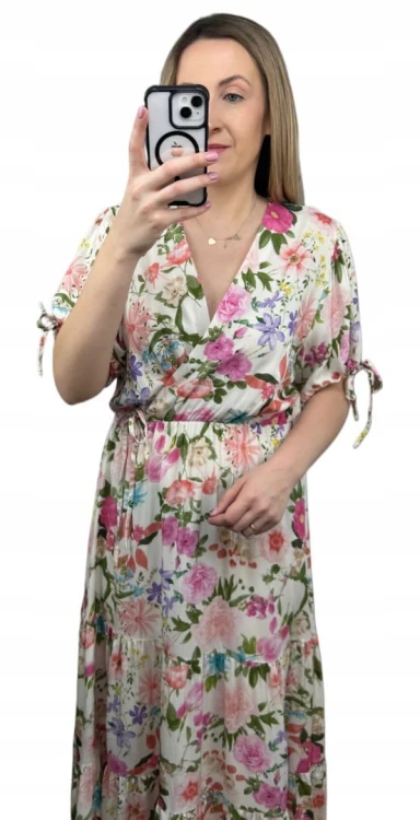 Sukienka maxi długa w kwiaty wiskoza 100% kopertowy dekolt rozkloszowana