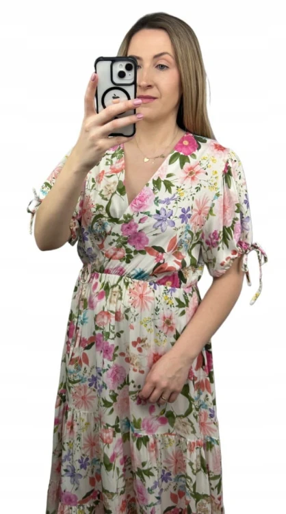 Sukienka maxi długa w kwiaty wiskoza 100% kopertowy dekolt rozkloszowana