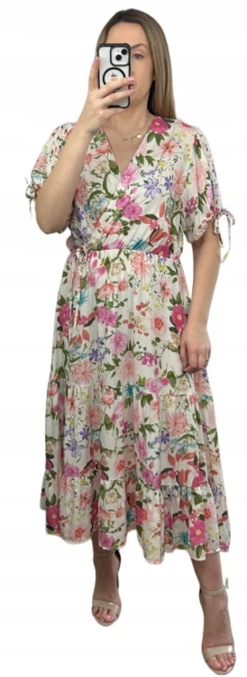 Sukienka maxi długa w kwiaty wiskoza 100% kopertowy dekolt rozkloszowana