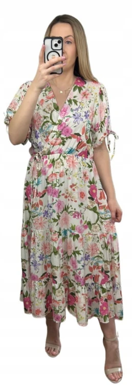 Sukienka maxi długa w kwiaty wiskoza 100% kopertowy dekolt rozkloszowana