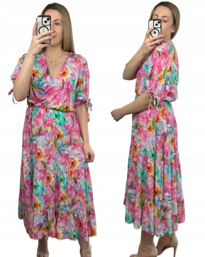 Sukienka maxi długa w kwiaty wiskoza 100% kopertowy dekolt rozkloszowana