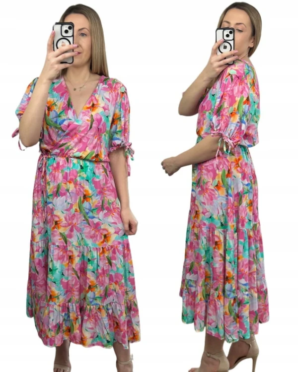 Sukienka maxi długa w kwiaty wiskoza 100% kopertowy dekolt rozkloszowana