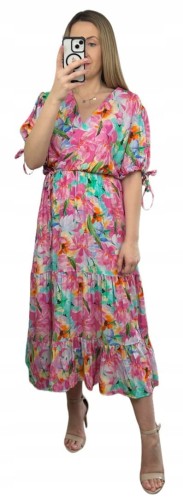 Sukienka maxi długa w kwiaty wiskoza 100% kopertowy dekolt rozkloszowana