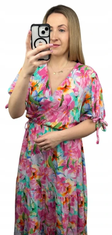 Sukienka maxi długa w kwiaty wiskoza 100% kopertowy dekolt rozkloszowana