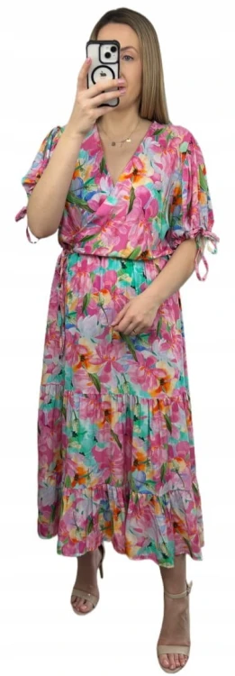 Sukienka maxi długa w kwiaty wiskoza 100% kopertowy dekolt rozkloszowana