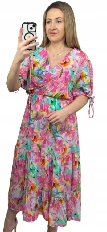 Sukienka maxi długa w kwiaty wiskoza 100% kopertowy dekolt rozkloszowana