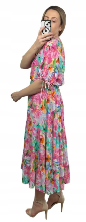 Sukienka maxi długa w kwiaty wiskoza 100% kopertowy dekolt rozkloszowana