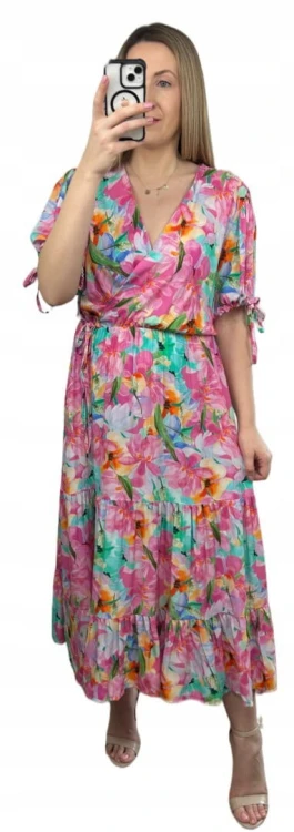 Sukienka maxi długa w kwiaty wiskoza 100% kopertowy dekolt rozkloszowana