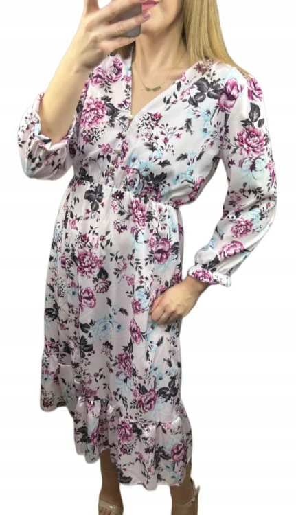 Sukienka midi dłuższa guziki kwiaty uniwersalna wiskoza falbanka wiosna S M