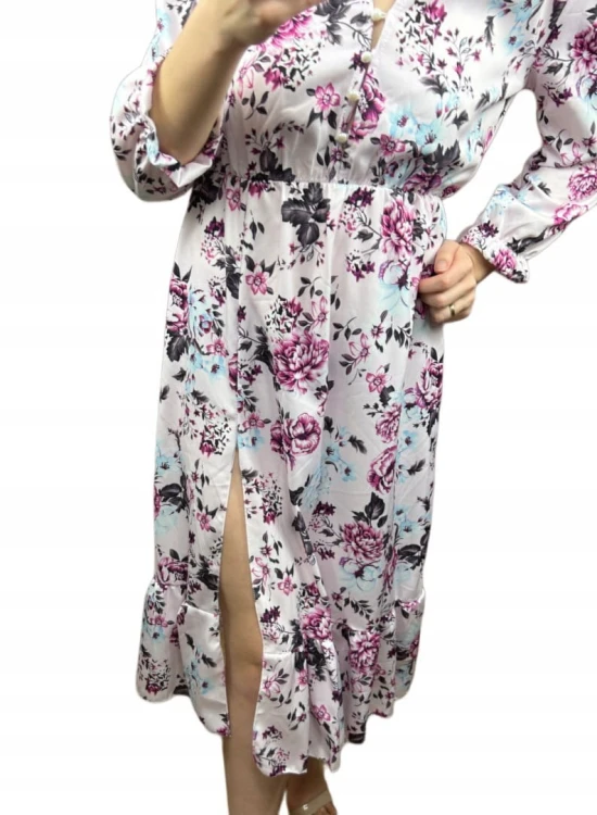 Sukienka midi dłuższa guziki kwiaty uniwersalna wiskoza falbanka wiosna S M