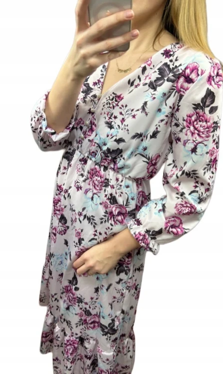 Sukienka midi dłuższa guziki kwiaty uniwersalna wiskoza falbanka wiosna S M