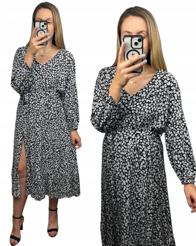 Sukienka midi dłuższa w kwiaty z rozcięciem szerokie rękawy czarna biała - FLORA