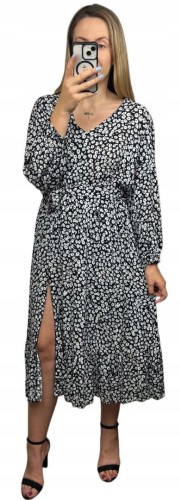 Sukienka midi dłuższa w kwiaty z rozcięciem szerokie rękawy czarna biała - FLORA