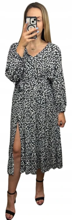 Sukienka midi dłuższa w kwiaty z rozcięciem szerokie rękawy czarna biała - FLORA