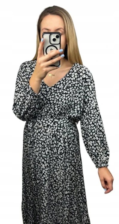 Sukienka midi dłuższa w kwiaty z rozcięciem szerokie rękawy czarna biała - FLORA