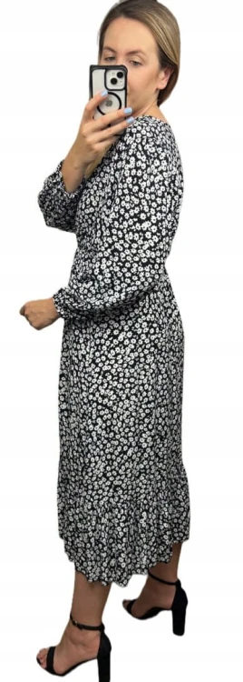 Sukienka midi dłuższa w kwiaty z rozcięciem szerokie rękawy czarna biała - FLORA