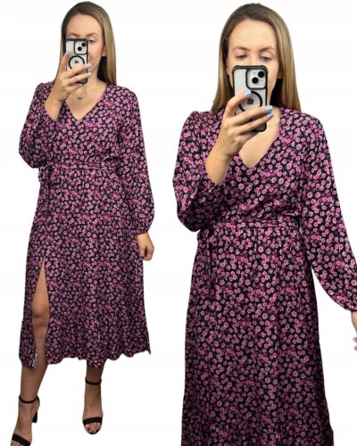 Sukienka midi dłuższa w kwiaty z rozcięciem szerokie rękawy czarna różowa- FLORA