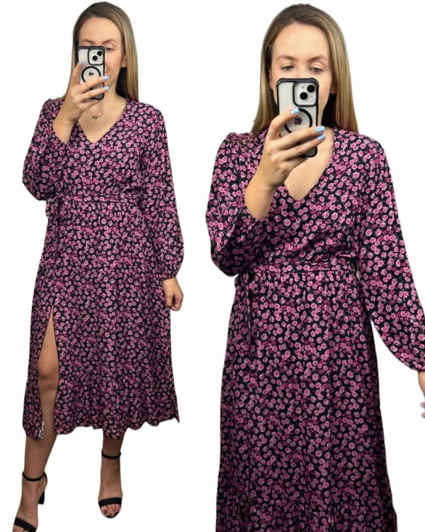 Sukienka midi dłuższa w kwiaty z rozcięciem szerokie rękawy czarna różowa- FLORA