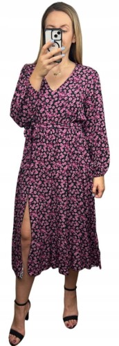 Sukienka midi dłuższa w kwiaty z rozcięciem szerokie rękawy czarna różowa- FLORA