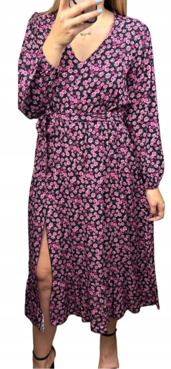 Sukienka midi dłuższa w kwiaty z rozcięciem szerokie rękawy czarna różowa- FLORA