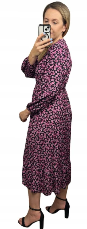 Sukienka midi dłuższa w kwiaty z rozcięciem szerokie rękawy czarna różowa- FLORA